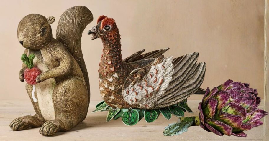 john derian squirrel, artichoke, and Beaded Grouse pillows