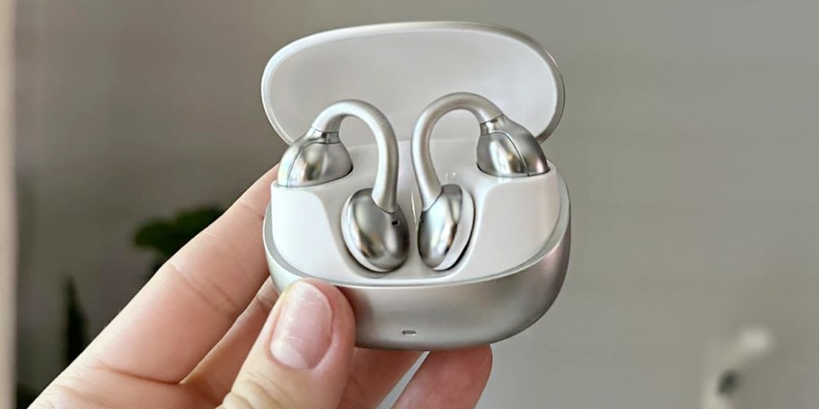 hand holding silver and white earbuds