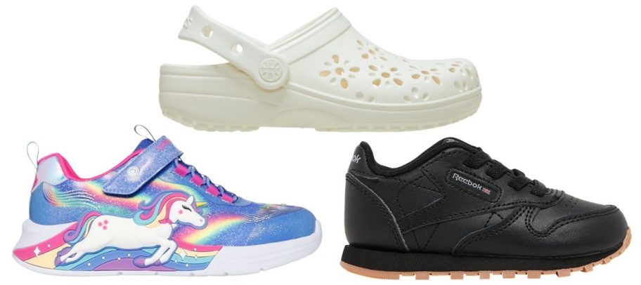 kids skechers, crocs, and reebok shoes
