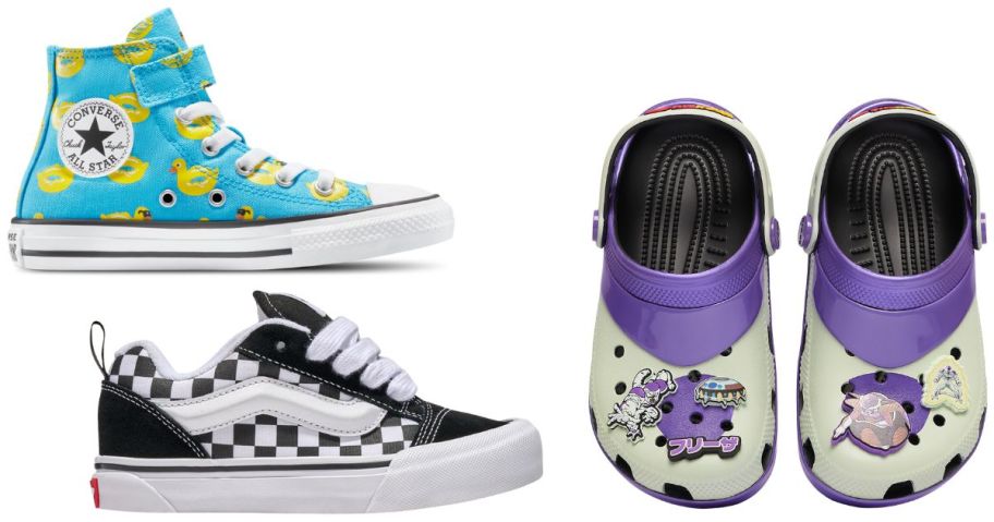 kids converse, vans, and crocs shoes