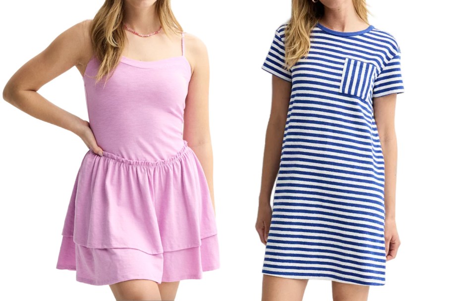 women in pink dress and blue stripe dress