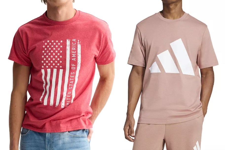 men in red and tan shirts