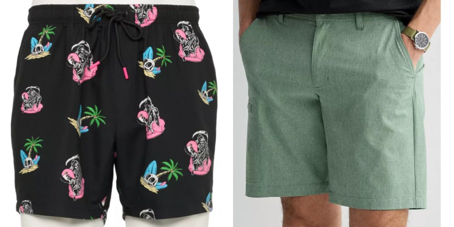 men in swim trunks and green shorts