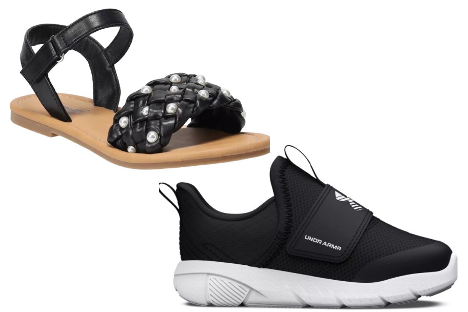kids black sandal and sneaker