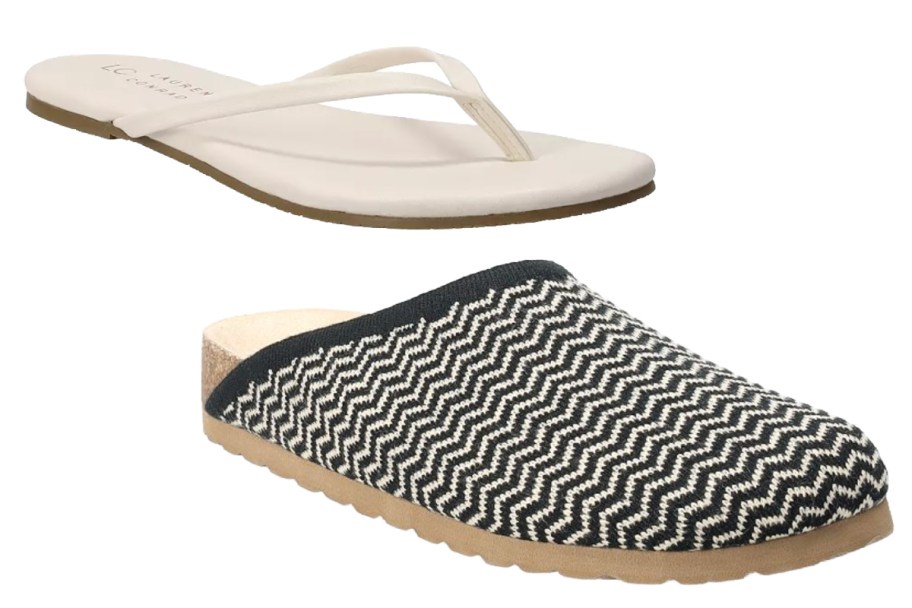 womens white flip flop and black and white mule