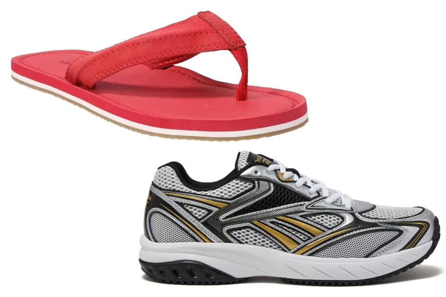 mens red flop flop and black and white sneaker