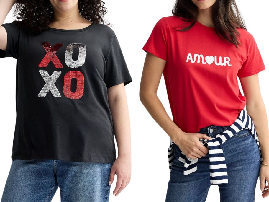 two women wearing valentine's day graphic tees