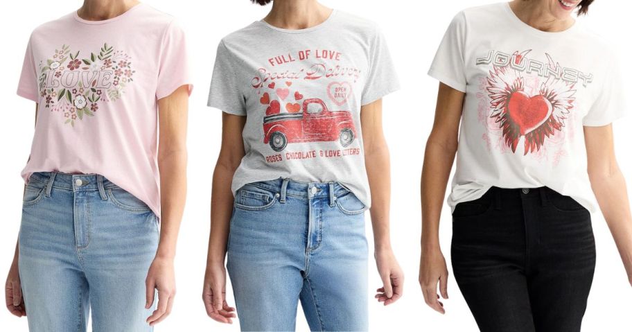 three women wearing valentine's day graphic tees
