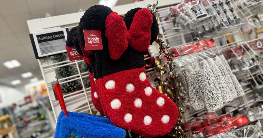 a minnie mouse stocking hanging in store