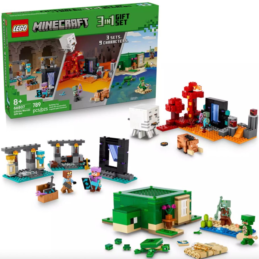 lego minecraft box and three playsets