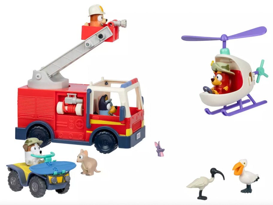 blue fire truck, helicopter, and UTV