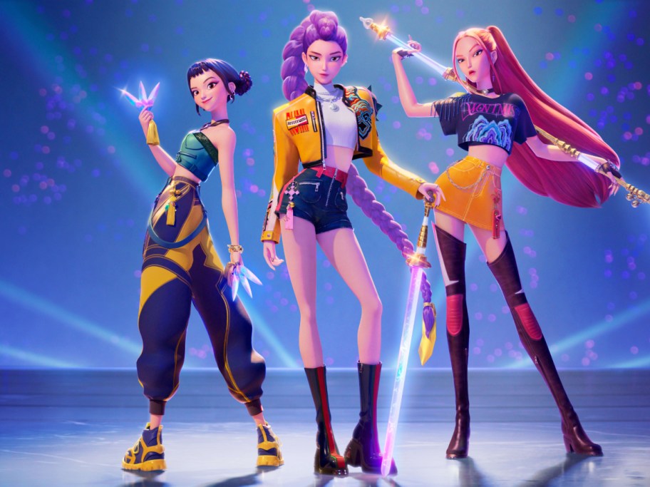 3 animated kpop characters on a blue background