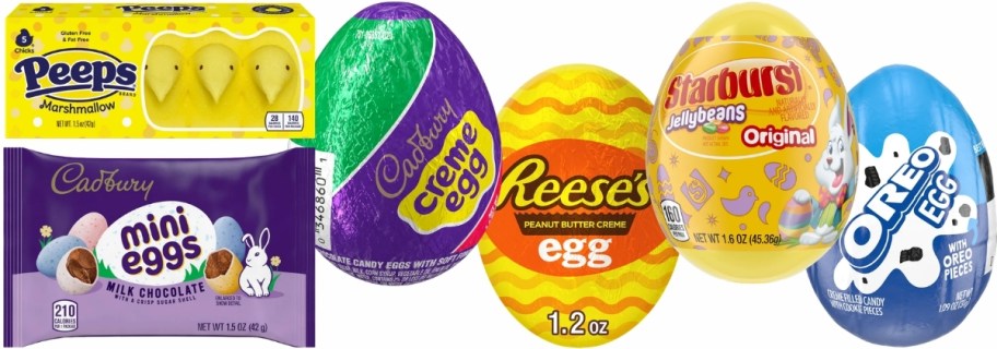 peeps, caDBURY MINI, CADBURY CREME, REESES and starburst eggs