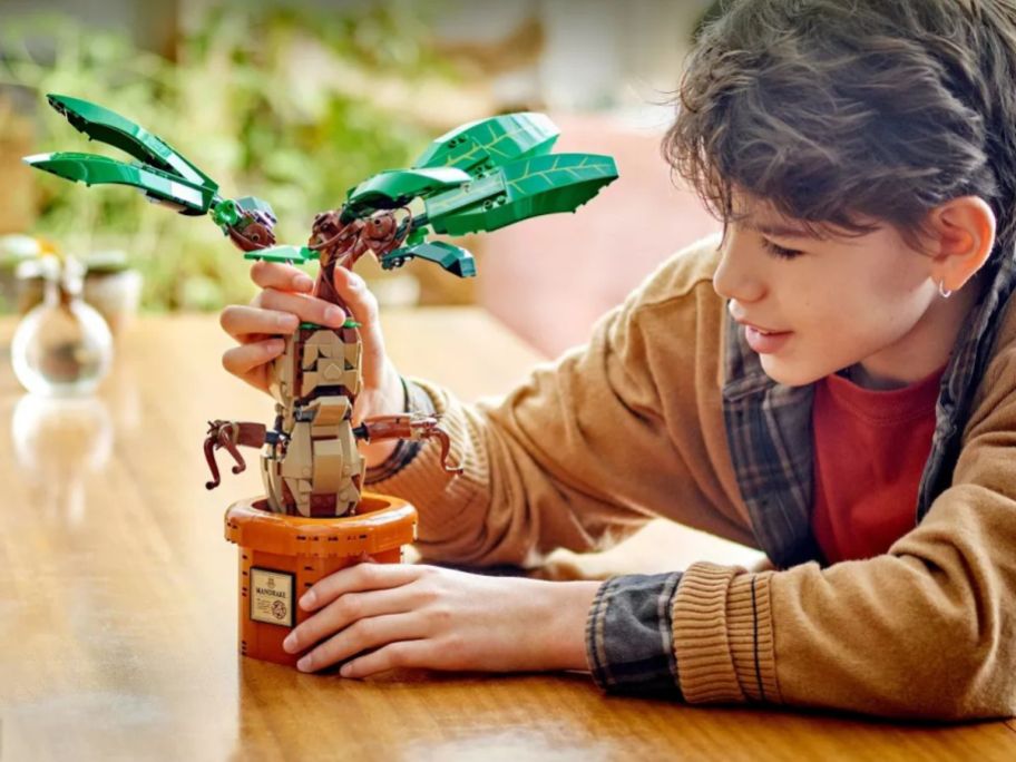 kid holding LEGO Harry Potter Mandrake Magical Plant