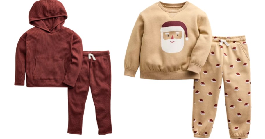 kids top and pants sets, one is red, the other has Santa on it