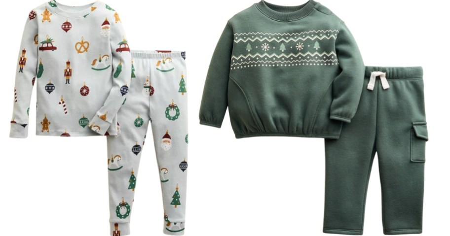 kids holiday pajamas and holiday sweatshirt and pants
