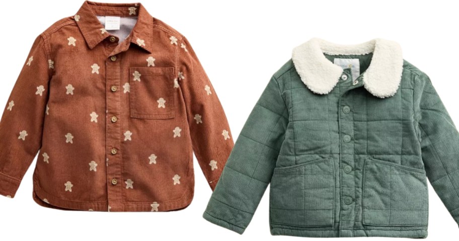 a kids button down shirt with gingerbread men and a corduroy jacket