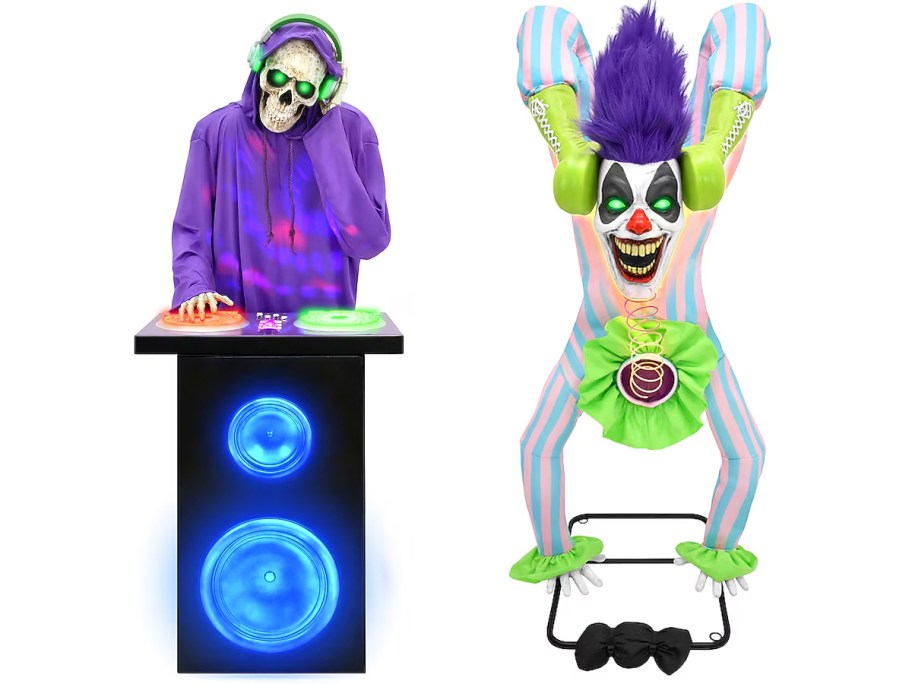 skeleton dj and clown handstanding animatronics 
