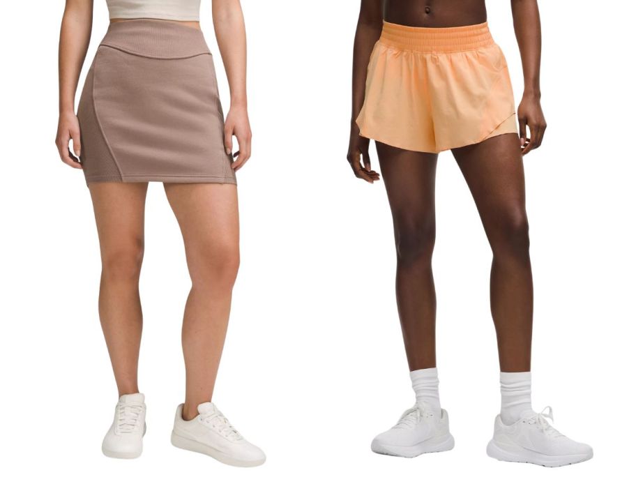 two women wearing lululemon skirt and shorts