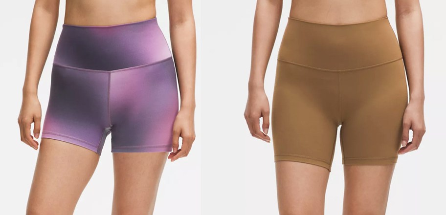 two women in purple and brown shorts