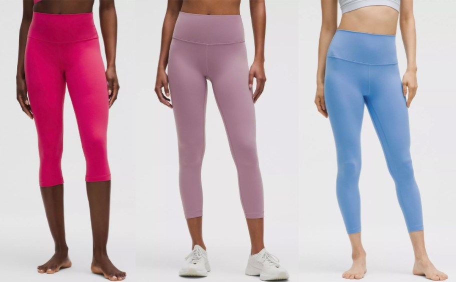 three women wearing pink, purple, and blue leggings