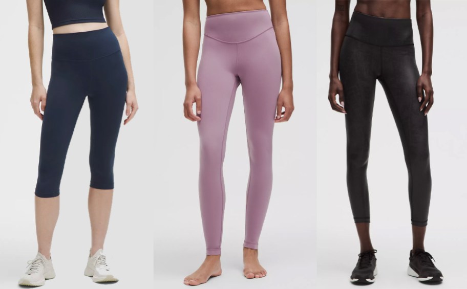 three women wearing dark blue, purple, and black leggings