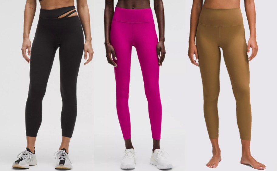 three women wearing black, pink, and gold leggings
