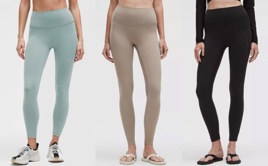 three women wearing blue, tan, and black leggings