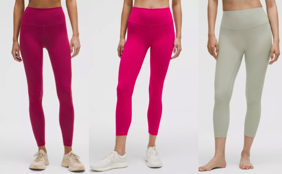 three women wearing two pink and one green leggings