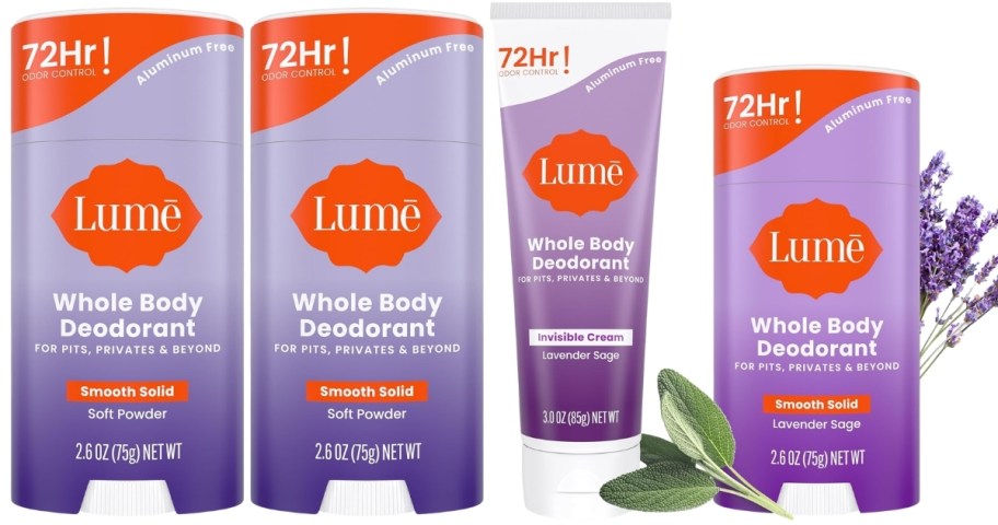 2 pack of solid stick deodorants and a 2pack of cream and solid stick in lavender sage