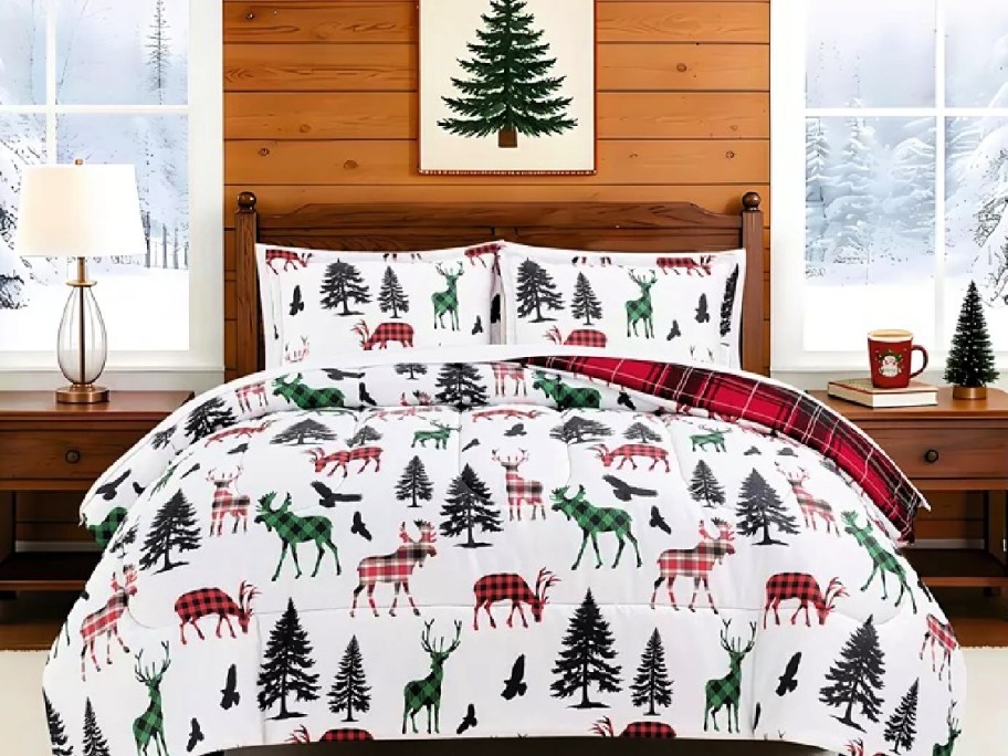 christmas bedding on a bed in a bedroom