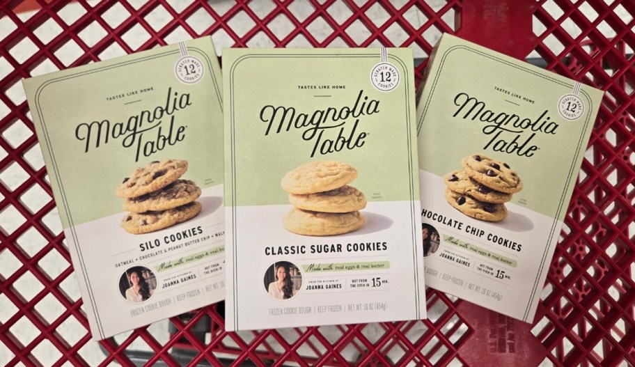 3 boxes of magnolia table frozen cookie dough in a target cart