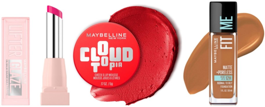 Three beauty products: a pink lip balm stick, a red cream blush, and foundation - all from Maybelline.