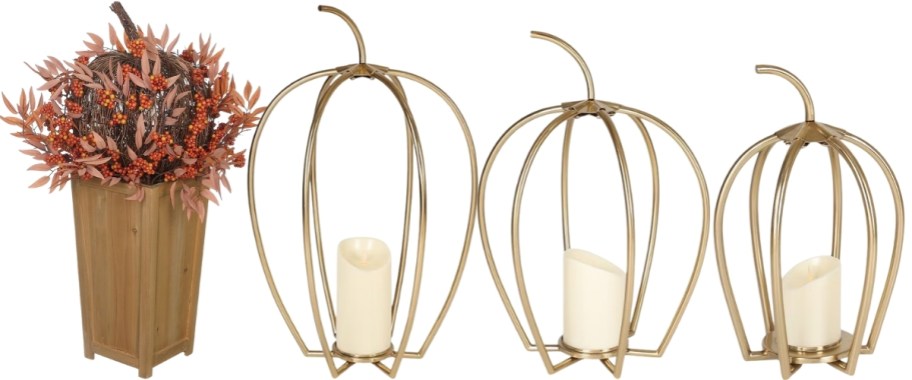 a fall harvet LED topiary and 3 piece led candle pumpkin lanterns