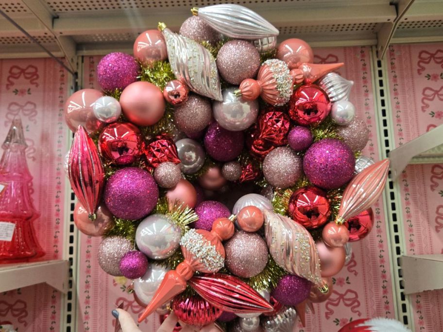 Pink Holly Jolly Ornament Wreath in store
