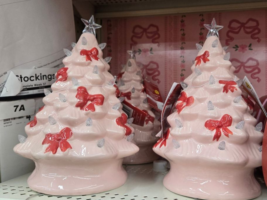 Pink Tree w/ Bows LED Ceramic Tabletop Décor on shelf in store