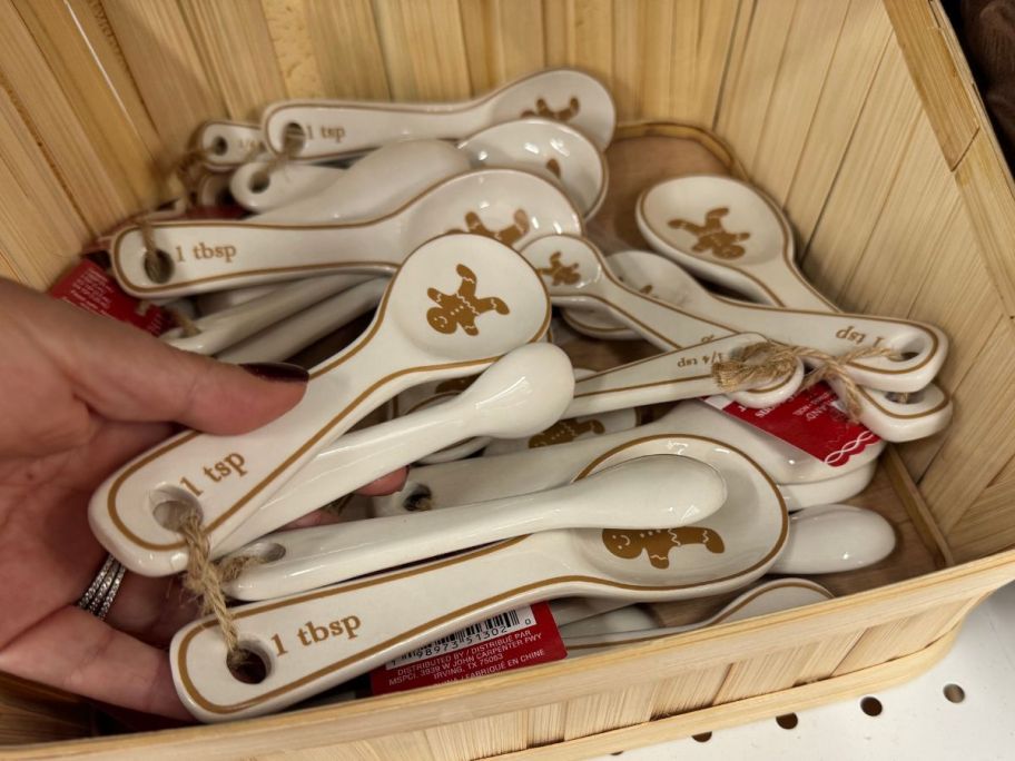 Gingerbread Ceramic Measuring Spoon Sets in bowl in store
