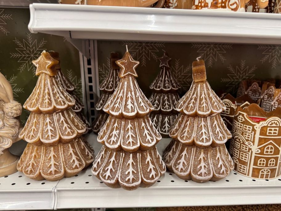 Gingerbread Tree Unscented Candles on shelf in store