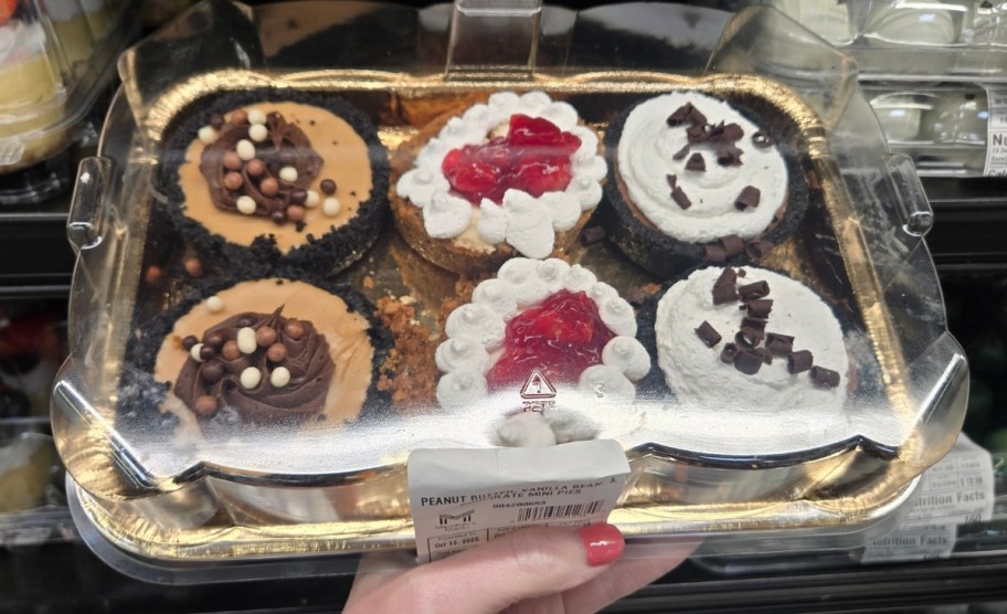womans hand holding a tray of mini gourmet pies