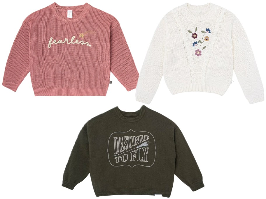 pink, white, and green toddler sweaters 