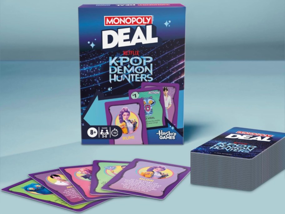 monopoly deal kpop demon hunters card game package and contents displayed