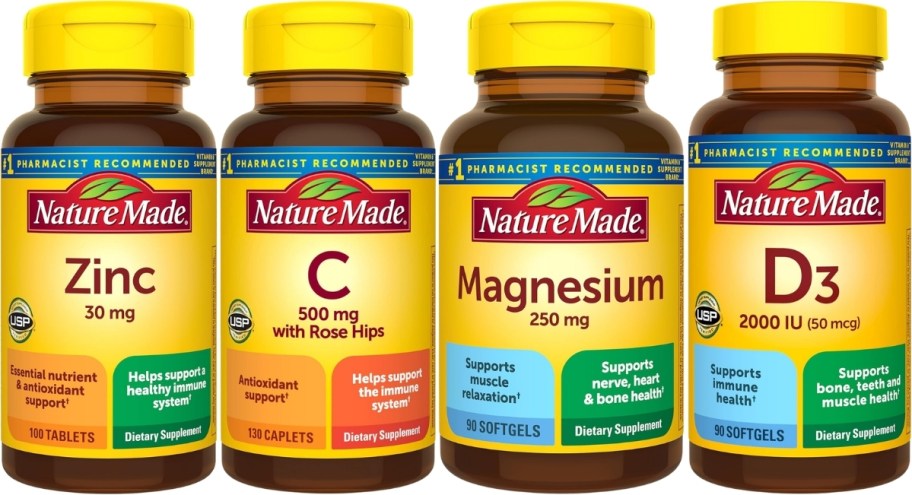 naturemade vitamin bottles for zinc, c, magnesium, and d3