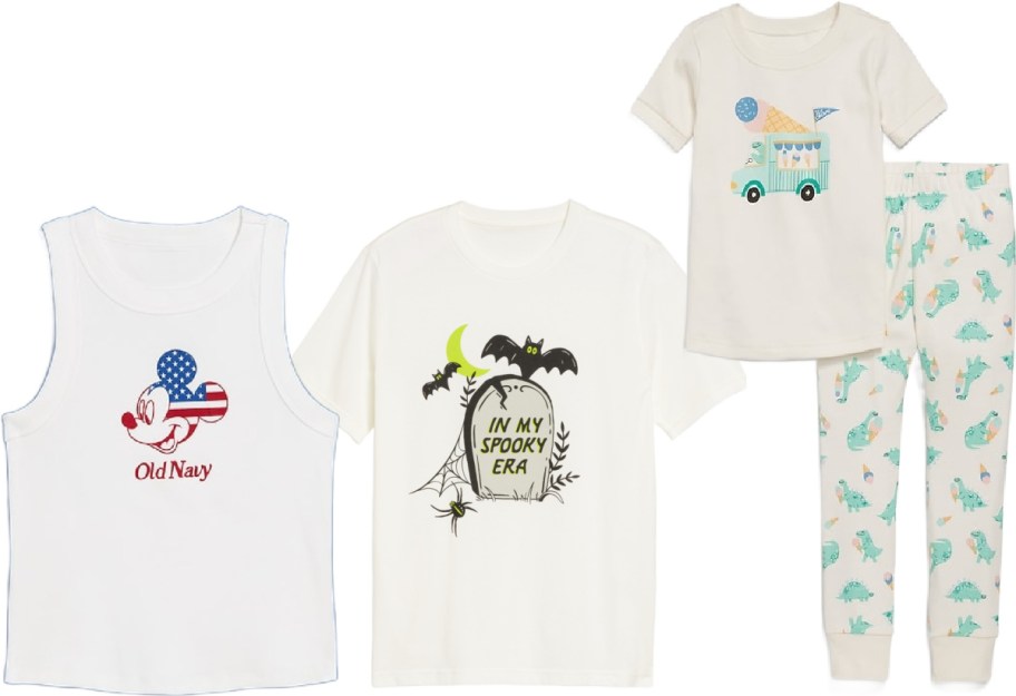 Two adult shirts and a kids pj set from Old Navy.