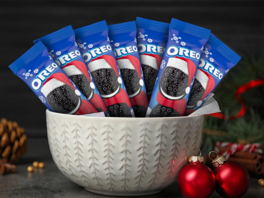 Oreo packages in a white bowl