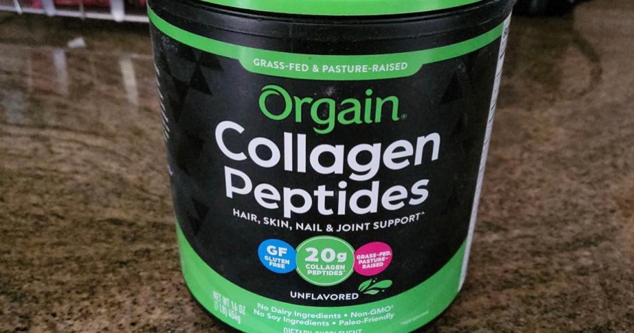 orgain powder jar on counter