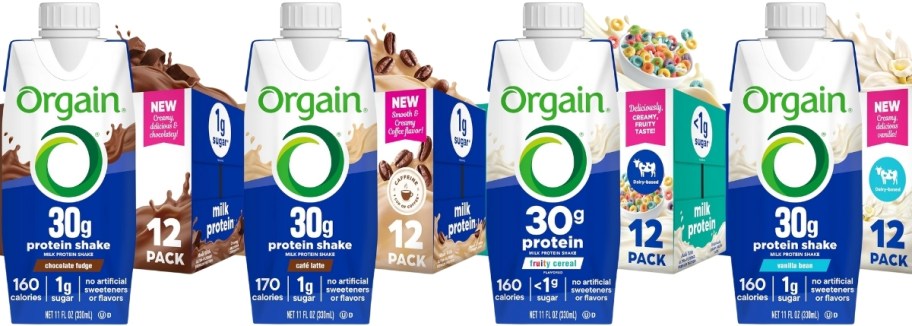 four flavors of protein shakes in 12 packs