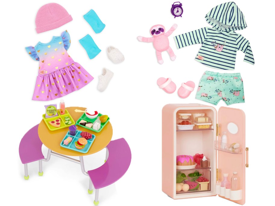 two outfits, cafeteria table, and fridge doll accessories 