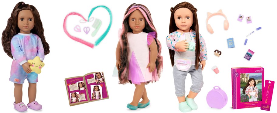 three dolls with accessories 