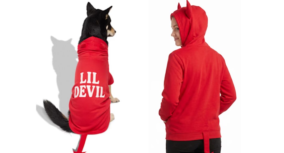 dog and person wearing matching red devil costumes 
