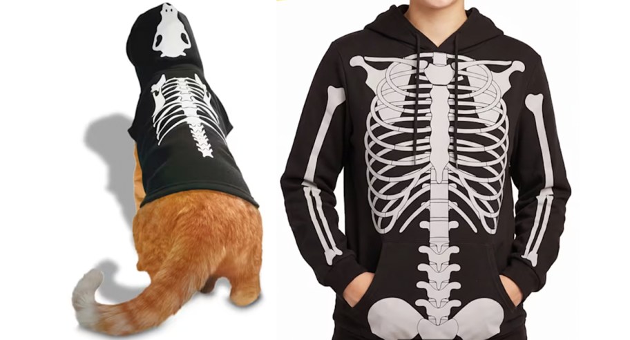 cat and man wearing matching skeleton costumes 